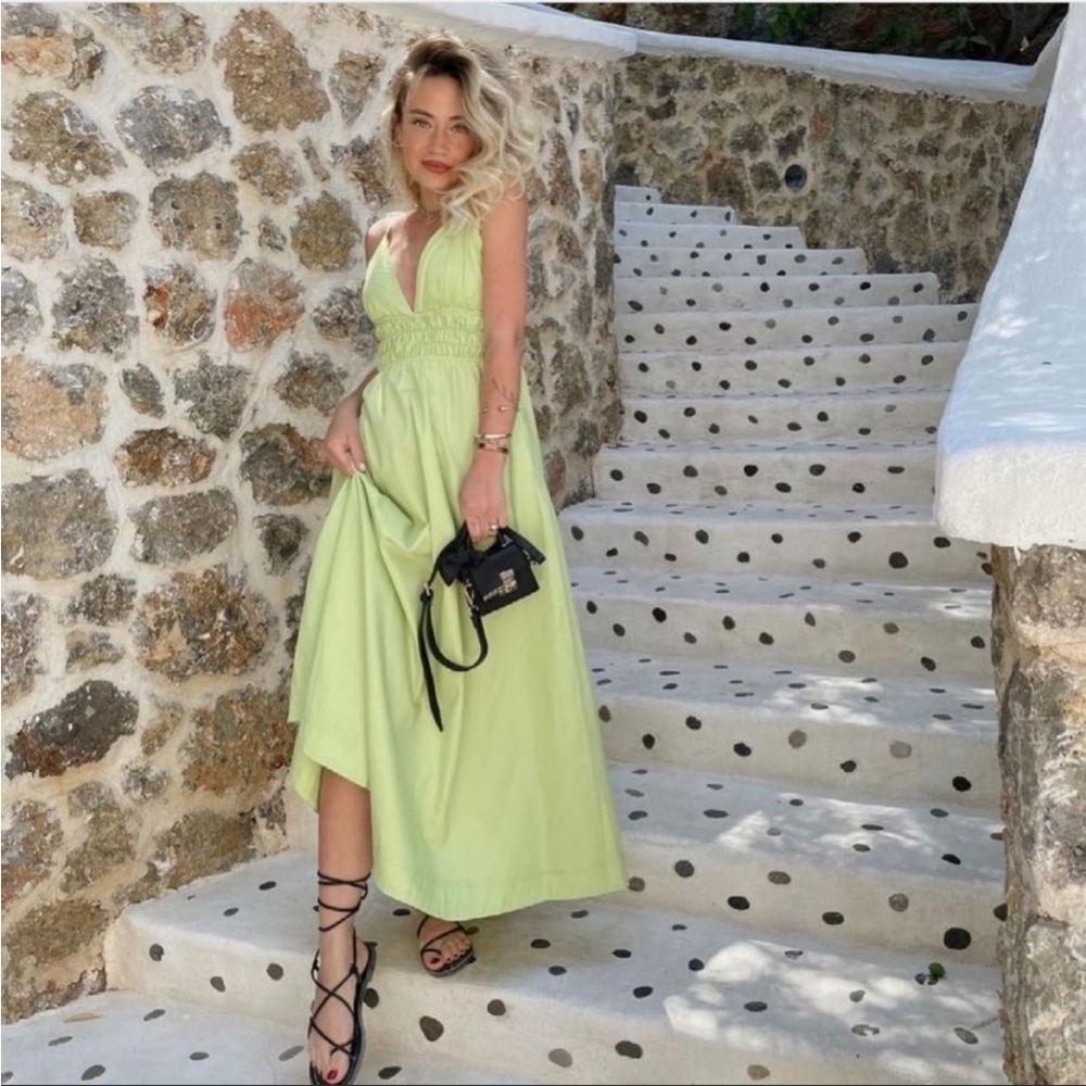 Zara Light Green V-Neck Midi Dress